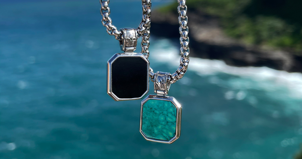 Nialaya silver necklaces with square pendants - Turquoise &amp; Onyx