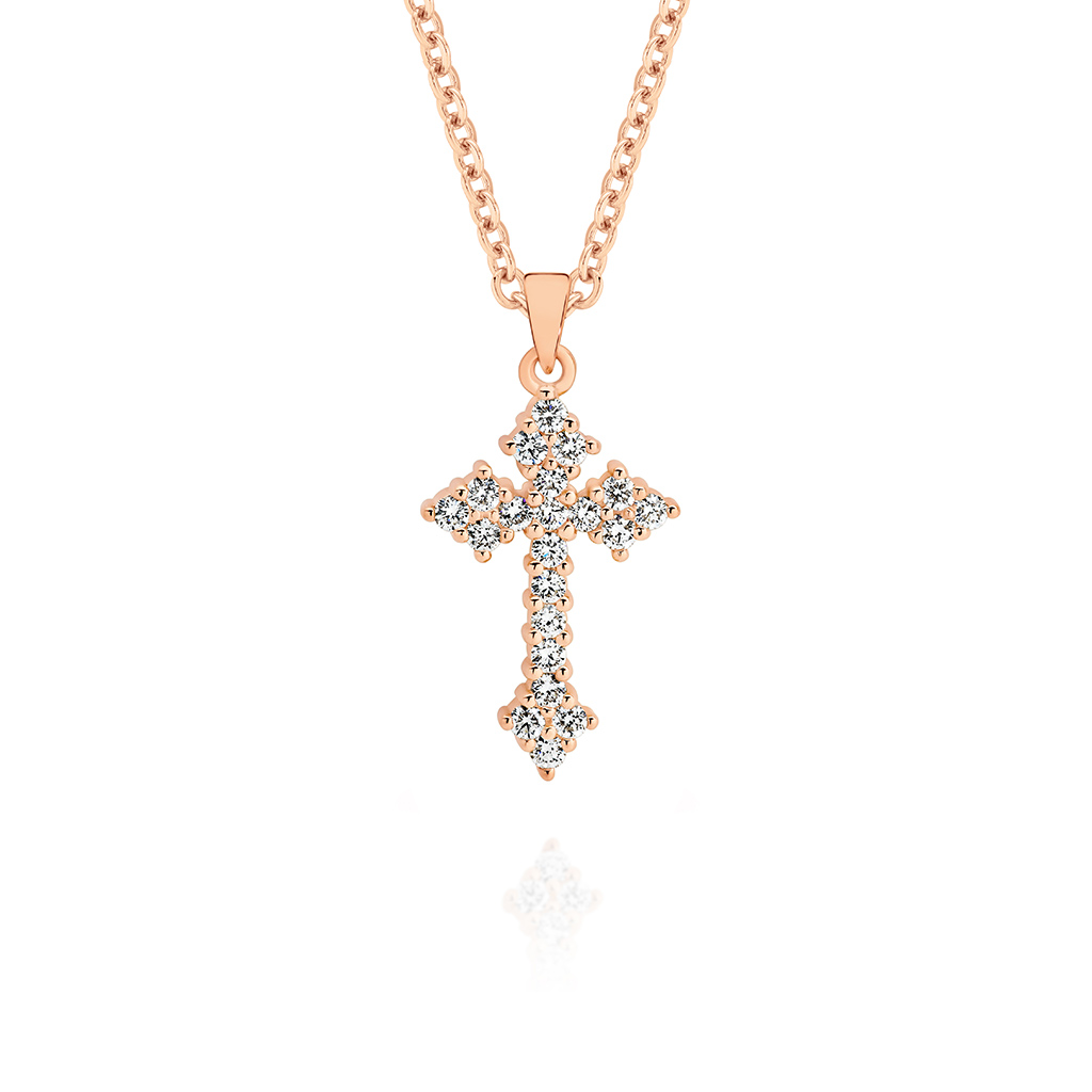 18K Rose Gold Claw Set Diamond Cluster Cross Pendant &#8211; Large