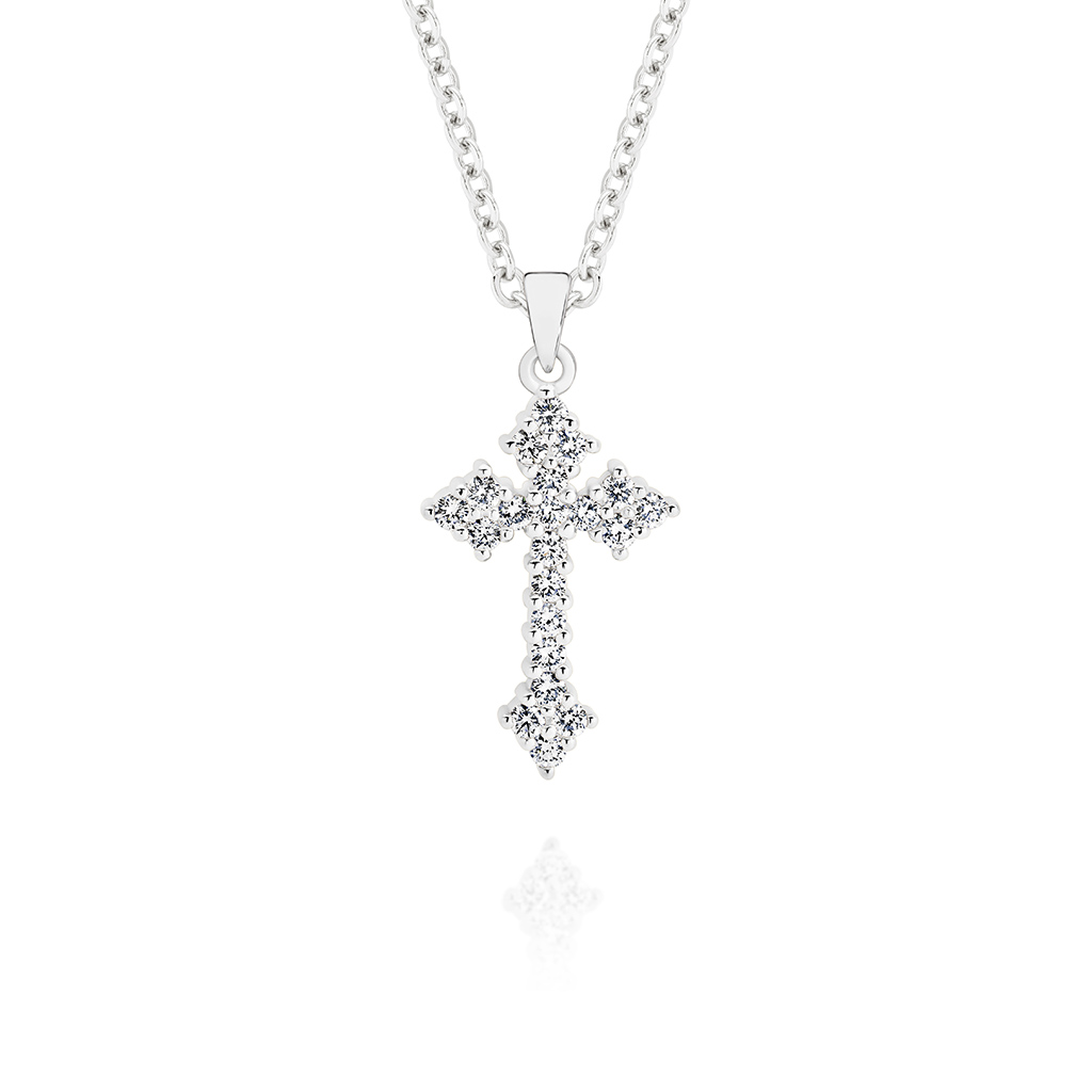 18K White Gold Claw Set Diamond Cluster Cross Pendant &#8211; Large