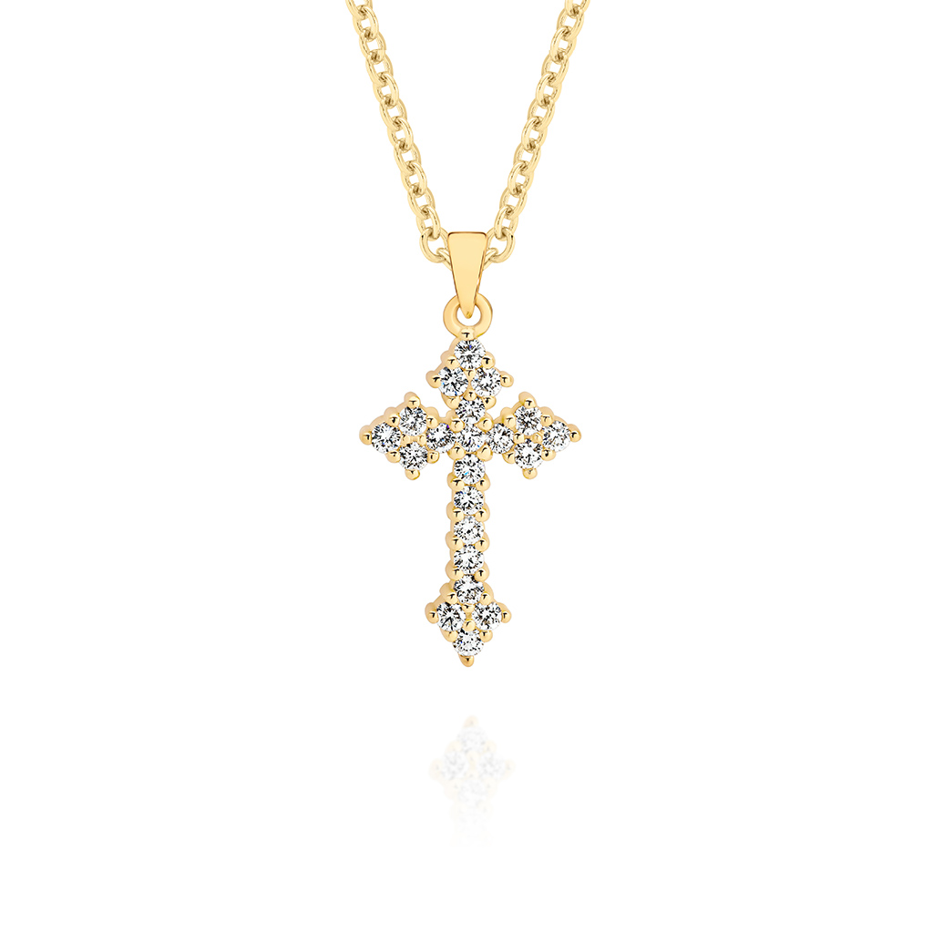 18K Yellow Gold Claw Set Diamond Cluster Cross Pendant &#8211; Large
