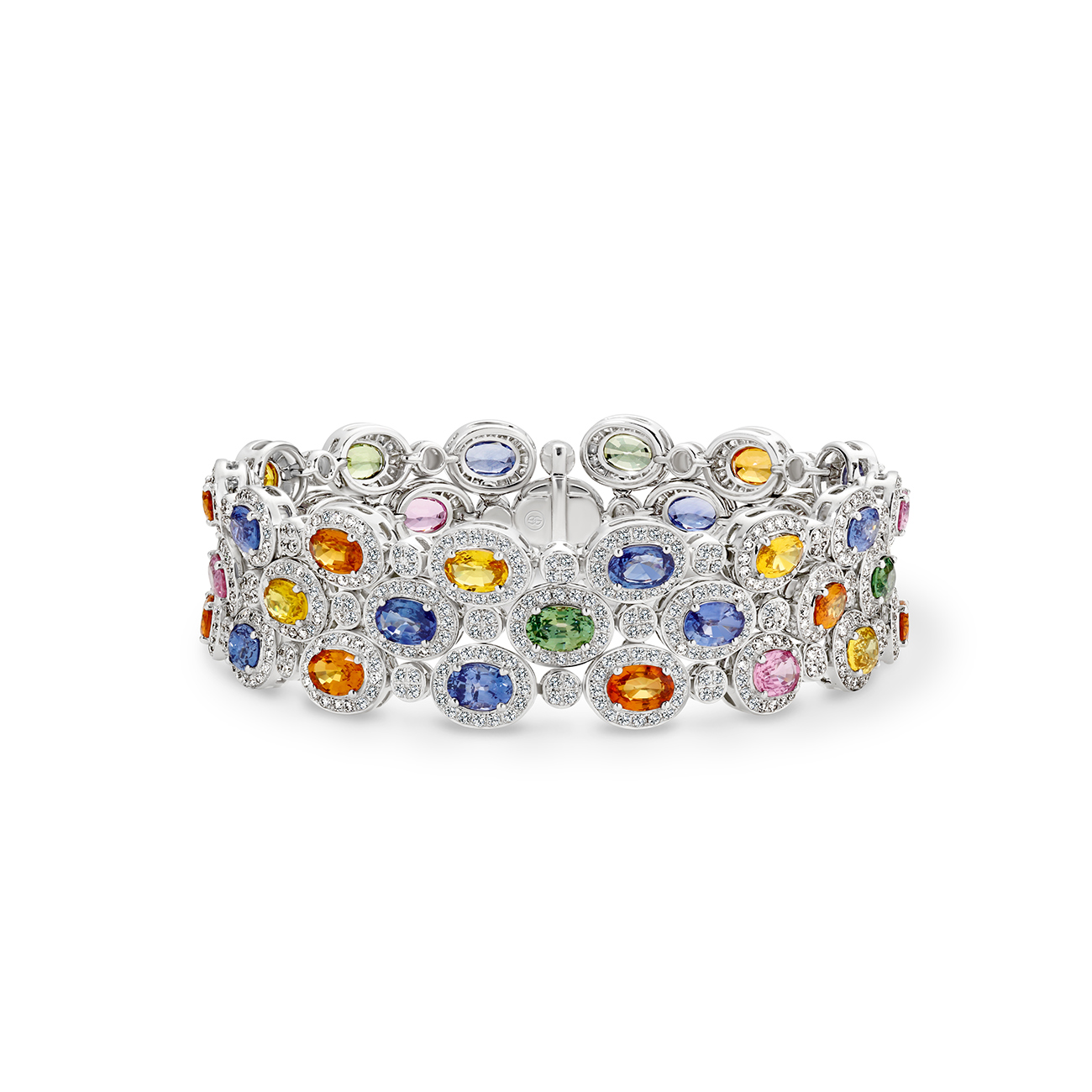 18K White Gold Multi-Coloured Sapphire &#038; Diamond Halo Cocktail Bracelet